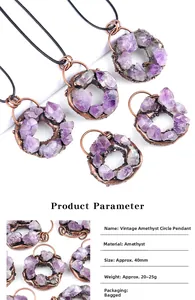 Detailed view of natural amethyst donut pendant with 40mm bronze metal frame