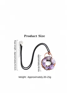 Detail of natural amethyst donut pendant with copper wire wrap on black wax cord