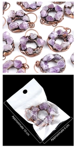 Macro detail of natural amethyst raw stone pendant with bronze ring and size measurements