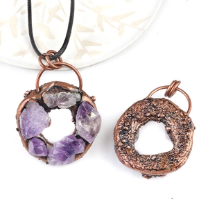 Vintage bronze donut pendant necklace with natural purple amethyst crystal raw stones
