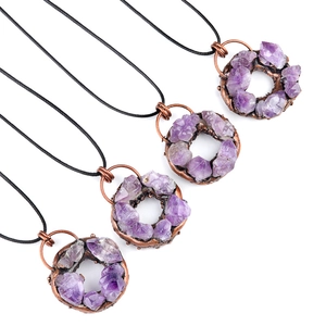 Bohemian purple amethyst donut pendants with copper alloy setting on black cord necklaces