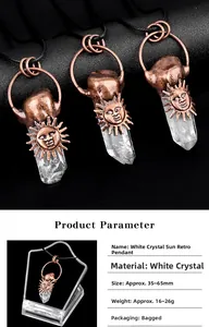 Macro detail of vintage sun face white crystal pendant with bronze metal texture