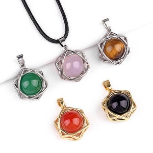 Hexagram Pendant Necklace Natural Stone Amethyst Agate Crystal Beads Geometric Star David Alloy Cage Bohemian Jewelry Women Men
