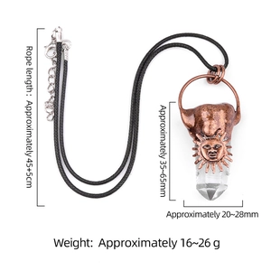 Vintage copper sunflower relief on clear quartz pillar pendant with black cord necklace