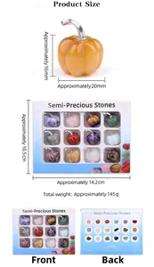 Macro detail of twelve 20mm semi-precious stone mini pumpkins in a clear window gift box