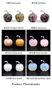 Detailed grid of assorted gemstone mini pumpkins featuring amethyst and rose quartz