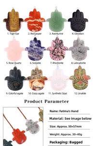 Detail view of Hamsa Hand pendants in various natural stones with full product dimensions