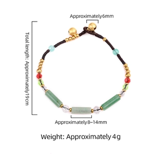 Handmade woven bracelet with green natural stone beads and gold bells, 19cm length