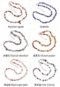Macro display of irregular natural stone necklaces including agate and sodalite beads
