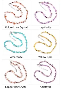Detailed grid of natural amethyst and agate irregular stone bead necklaces with metal clasp