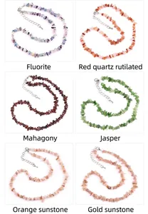 Detailed showcase of six natural irregular crystal stone necklaces with metal clasps