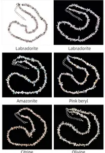 Detail view of natural irregular chip stone necklaces in various gemstones with lobster clasp