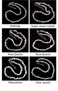Detailed grid of assorted gemstone chip necklaces including Prehnite and Rose Quartz stones