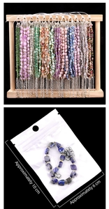 Detailed view of assorted natural gemstone bead bracelets with size measurements