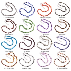 Natural gemstone chip beaded necklace with 16 stone varieties and adjustable metal chain