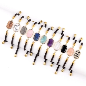 Natural Semi Precious Stone Bracelet For Women Rectangle Faceted Gemstone Adjustable Braided Rope Jewelry Rose Quartz Amethyst Obsidian