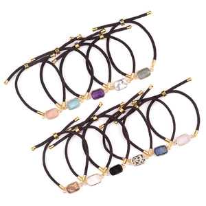 Adjustable woven cord bracelets with various rectangular gemstone pendants and gold metal hardware