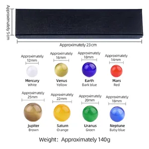 Solar System planetary stone set with 8 cat-eye beads and gift box size chart