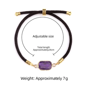 Adjustable amethyst bracelet with rectangular faceted gemstone and brown braided cord