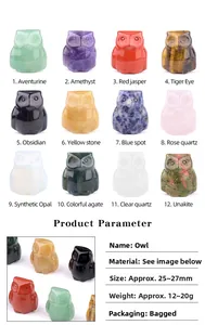 Detailed chart of owl carvings showing 12 natural semi-precious stones with measurements