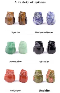 Six varieties of carved owl figurines in tiger eye, aventurine, and obsidian crystals