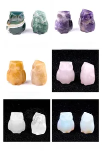 Detailed grid view of six owl figurines carved from diverse natural crystal gemstones