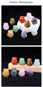 Detailed close-up of hand-carved crystal owl figurines in various natural gemstones