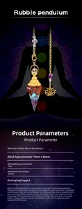 Macro detail of hexagonal resin pendulum with colorful crushed chakra stones and gold chain
