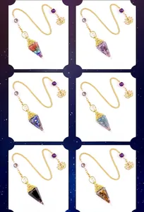 Set of six colorful crystal dowsing pendulums with golden lotus chain and stellar background