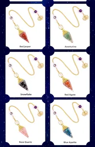 Detail of six crystal stone resin hexagonal pendants with golden metal lotus chains