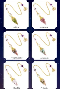 Detail of hexagonal crystal pendulum pendants featuring various colorful natural gemstones