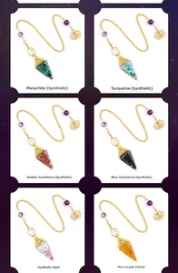 Detailed view of six crystal hexagonal pendulums including malachite and citrine stones