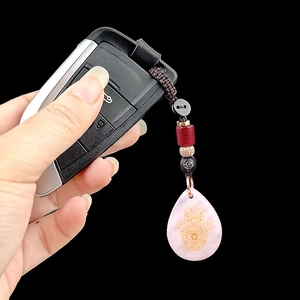 Pink quartz waterdrop Hamsa Hand keychain with beads and leather loop on car keys