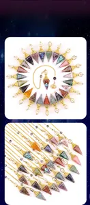 Macro detail of hexagonal resin crystal pendants with golden metal caps and chains