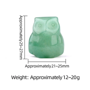Miniature green owl sculpture carved from crystal quartz with dimension specifications