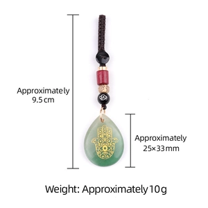 Hamsa Hand green stone pendant keychain with ethnic beads on a 9.5cm brown braided rope