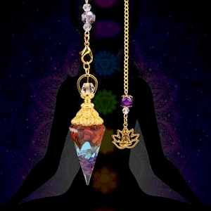 Hexagonal Cone Natural Crystal Stone Resin Pendulum Necklace Gold Plated Alloy Lotus Buddha Healing Energy Dowsing Pendant