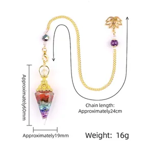 Chakra resin pendulum with colorful crystals, golden chain and lotus flower pendant charm