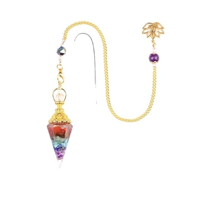 Chakra stone resin hexagonal cone pendulum with gold lotus chain and natural crystals