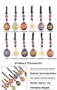 Detail of tree of life engraving on tear drop shaped natural gemstone keychain pendants