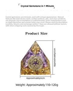 Detail view of a 6cm amethyst Orgone pyramid with gold foil and sacred geometry symbol