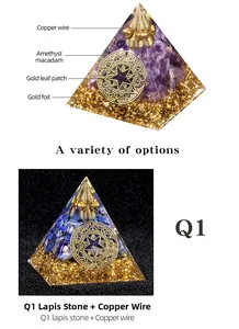 Detail showing layers of amethyst, lapis lazuli and copper coil in resin orgone pyramid
