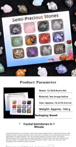 Set of 12 hand-carved gemstone acorns in various crystals and gift box packaging
