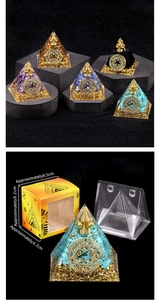 Detailed view of Orgone Pyramid packaging box with dimensions and stone selection