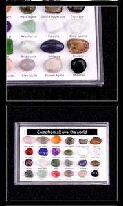 Macro detail of natural gemstone specimens in a labeled World Gems education collection box