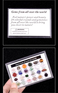 Detailed educational kit of 24 mini natural crystals and mineral ores with English labels