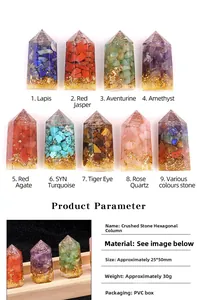 Detailed chart of resin hexagonal pillars with natural crushed stones and gold foil