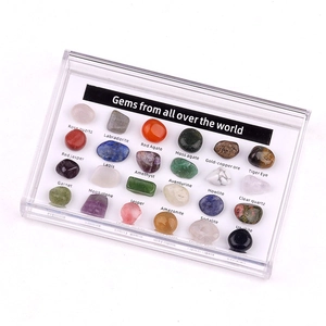 Educational kit with 24 natural mineral crystal specimens in an acrylic display box