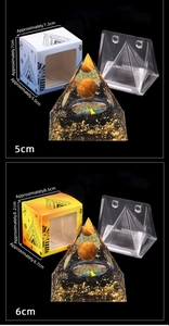 Detailed comparison of 5cm and 6cm crystal pyramids with packaging box and stands