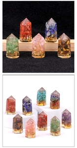 Detail of crystal resin hexagonal pillars with mixed healing stones and gold foil flakes